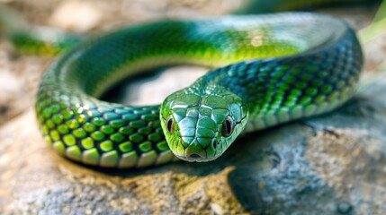 Fototapeta premium Green snake looking at the camera on a rock, AI generated image