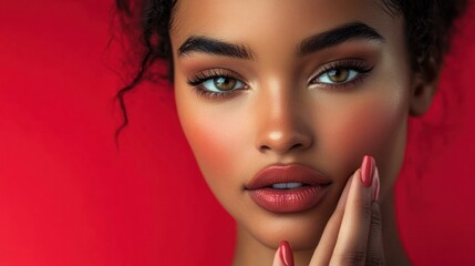 Fototapeta premium Beautiful woman with glamorous makeup with hand on face, AI generated image