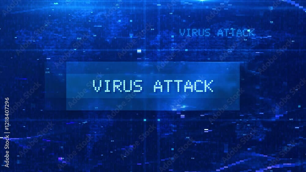 Poster virus attack digital text animation over futuristic world map and hud effects