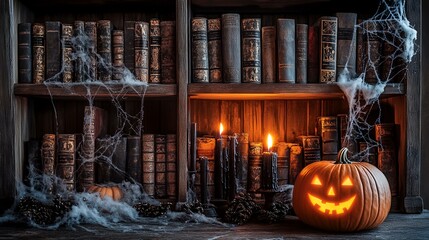 Halloween pumpkin glows on a bookcase filled with antique books and candles. Spooky library setting for autumn holidays