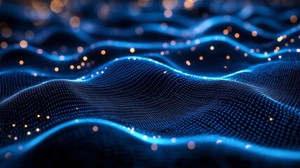 Abstract Blue Wave Grid Pattern with Glowing Lights