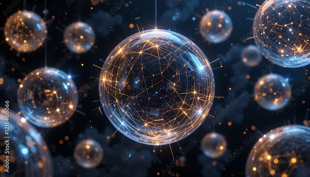 Poster illuminated spheres interconnected with glowing lines form a network