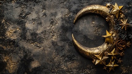 Golden Crescent Moon Decorated With Stars and Flowers