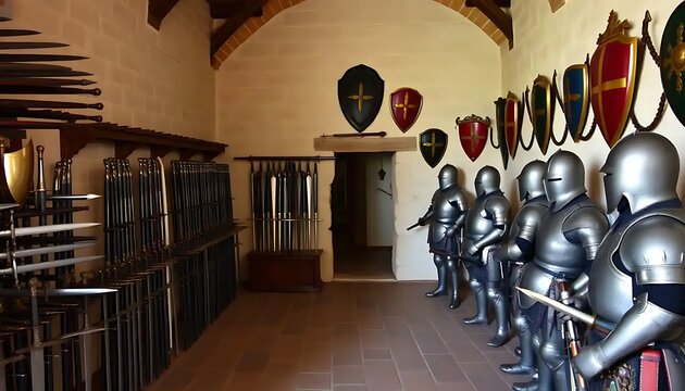 Medieval Armory Room With Suits Of Armor And Weapons