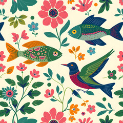 Bengali Folk Art-Inspired Seamless Pattern with Fish, Floral, and Bird Motifs