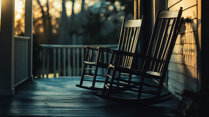 silhouettes of two wooden rocking chairs on a porch at sunset
