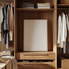Modern Minimalist Closet Mockup:  A sleek and stylish closet with a blank canvas frame resting in the center, ready for your design. Surrounded by neatly organized clothing and accessories.