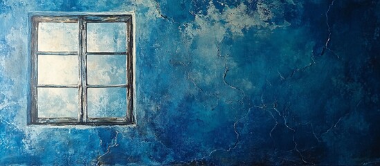 Simple blue wall with an old window and cracked glass