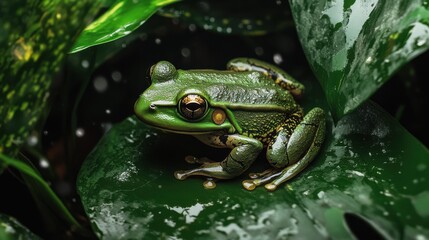 Obraz premium Green frog resting on a large leaf in a lush tropical environment during a rainy day