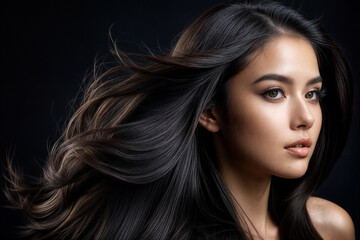 Obraz premium Close-up portrait of a stunning Asian woman with long, flowing, dark hair.