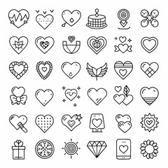 Love line icons set. Happy Valentine day signs and symbols. Love, couple, relationship, dating, wedding, holiday, romantic amour theme. Heart, lips, gift.