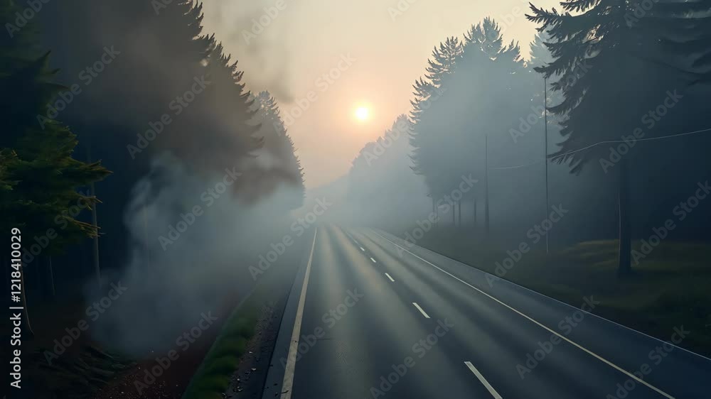 Poster a road with smoke in the background and a sun in the sky. the sun is setting. there are trees in the