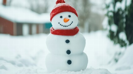 Obraz premium A cheerful snowman wearing a red hat and scarf stands in a snowy landscape, showcasing a classic winter scene.