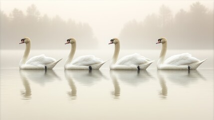 Fototapeta premium Four swans swimming, foggy lake, serene nature, calm, poster