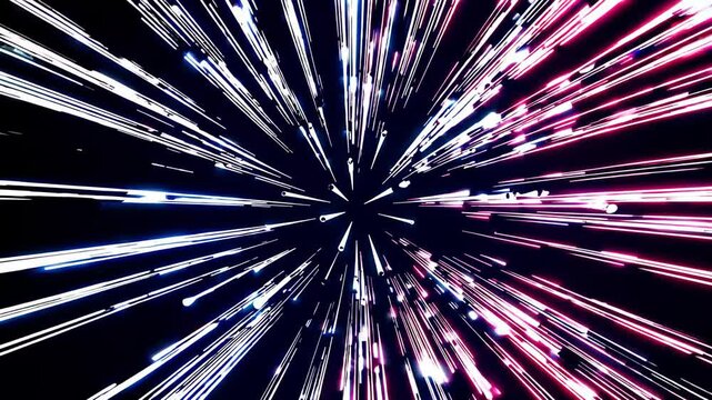 Exploding light beams in white, pink, and blue tones radiating from a central point against a dark background. Concept of motion and energy