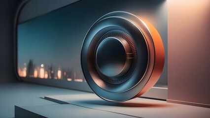 Futuristic Circular Object Rotating on Platform Against Cityscape