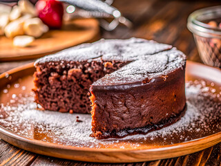 Tasty Chocolate Cake with Powdered Sugar Dusting. Delicious Food background