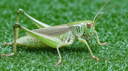 Green grasshopper resting on lush grass during a sunny day in a garden