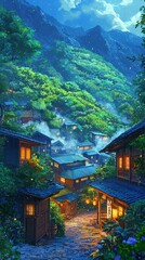 Obraz premium Serene mountain village with colorful houses and lanternlit gazebo