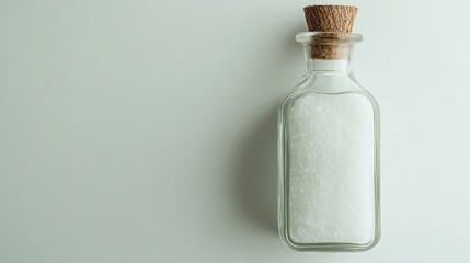 Clear glass bottle filled with white salt crystals, cork stopper. Perfect for spa, beauty, or culinary themes, evokes purity and simplicity.
