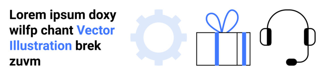 Gear, gift box with bow, and headset icons adjacent to stylized text block. Ideal for tech support, customer service, holiday promotions, user interface design, gift services, online shopping