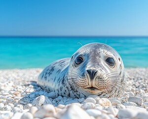 Fototapeta premium Adorable seal pup resting on a pebble beach, gazing at the camera.
