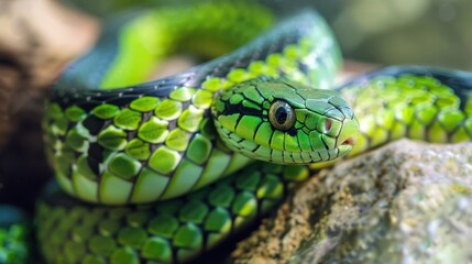 Fototapeta premium Green snake looking at the camera on a rock, AI generated image