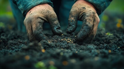 Obraz premium Close-up of dirty hands planting seeds in rich soil.