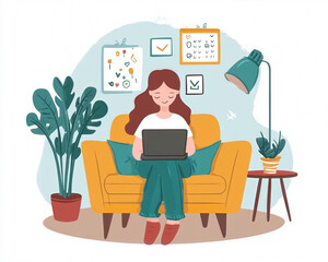 Cozy Home Office Illustration with Woman on Laptop Surrounded by Plants and Decor