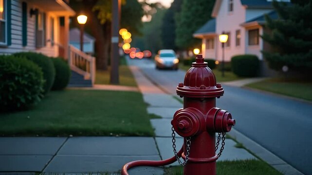 A red fire hydrant with a chain on it. It is on the sidewalk. There are cars in the background