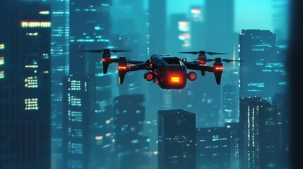Smart drone over futuristic cityscape with dynamic data projection
