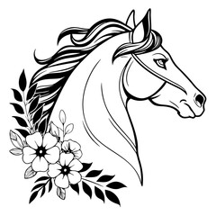 Horse head with a wreath around its neck vector art illustration.