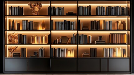 Modern bookcase with books, decor, and warm LED lighting.