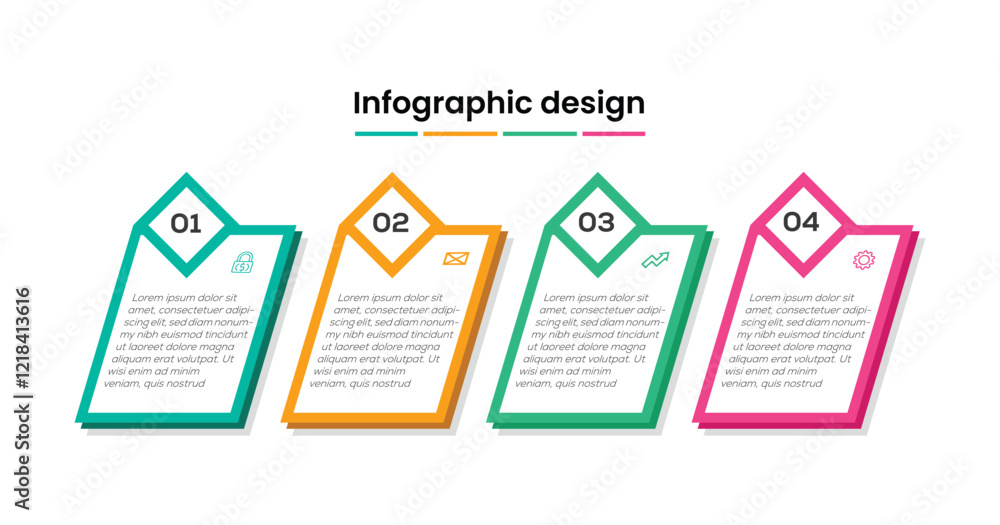 Poster 4 paper white rectangular elements placed in horizontal row. concept of 4 steps of business developm