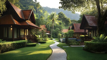 32. A tranquil garden path surrounded by lush greenery, leading to the luxurious bungalows at Pavilion Pha Leuang Resort