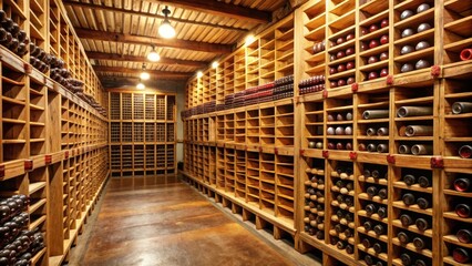 Fototapeta premium Wooden wine cellar with rows of bottles, vintage, storage, vintage, storage, interior, liquor
