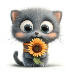 A fluffy gray cartoon kitten with a sunflower in hand and a striped scarf around its neck is centered on a clean white background, offering a sweet and charming design.