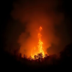 The image captures a dramatic scene of a forest fire at night, where flames are seen towering over the trees and casting a fiery glow in the dark sky.