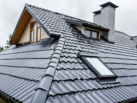 Blue-gray metal roof on a house with skylights and a chimney against a blue sky with clouds in the background, a close-up view. Metal roof for home construction or modern architectural design.