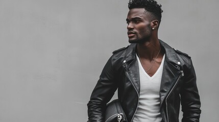 Fototapeta premium Portrait of african man in black leather jacket holding bag, AI generated image