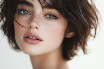 Naklejka premium Dark brunette with soft hair close up against bright white background, professional studio shot .
