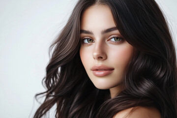Naklejka premium Dark brunette with soft hair close up against bright white background, professional studio shot .