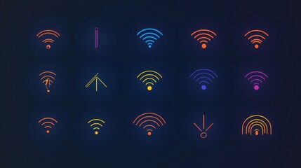 68.A clean set of outline vector icons depicting different Wi-Fi signal strengths, each designed with smooth, editable strokes and uniform spacing.