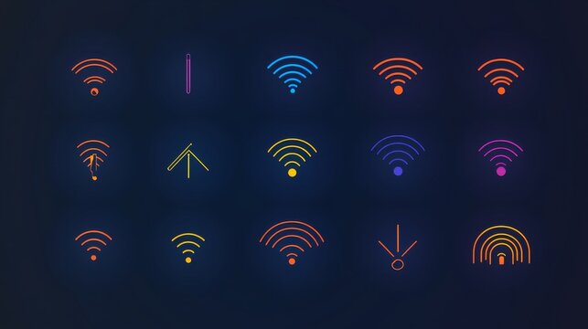 68.A clean set of outline vector icons depicting different Wi-Fi signal strengths, each designed with smooth, editable strokes and uniform spacing.