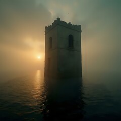 The image shows a foggy, atmospheric scene with a tower standing in the water, illuminated by the warm glow of the setting sun.