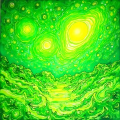 The image is a vibrant, abstract painting featuring swirling, organic shapes and hues of green and yellow, evoking a sense of movement and energy.