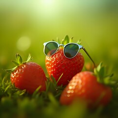 Three red strawberries are arranged with a pair of sunglasses on one, set against a blurred green background.