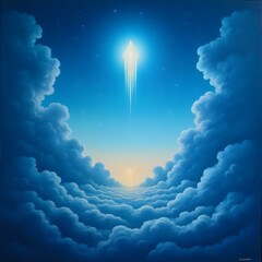 The image features a surreal depiction of a rocket ascent against a star-studded sky, with fluffy clouds framing the scene.