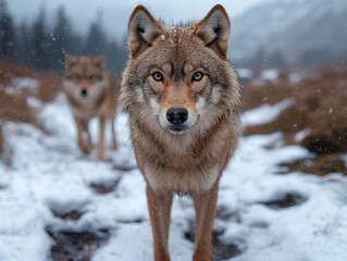 Obraz premium Two majestic wolves in a snowy forest