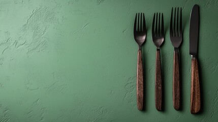 Elegant dark cutlery on a green background